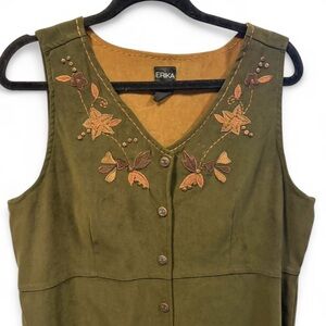 Olive Cottagecore Floral Embroidered Button-Up Dress